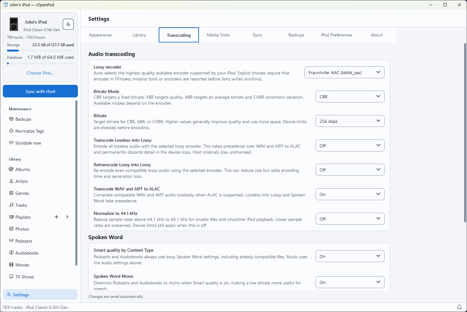 iOpenPod audio conversion settings with encoder, bitrate, and lossless conversion options
