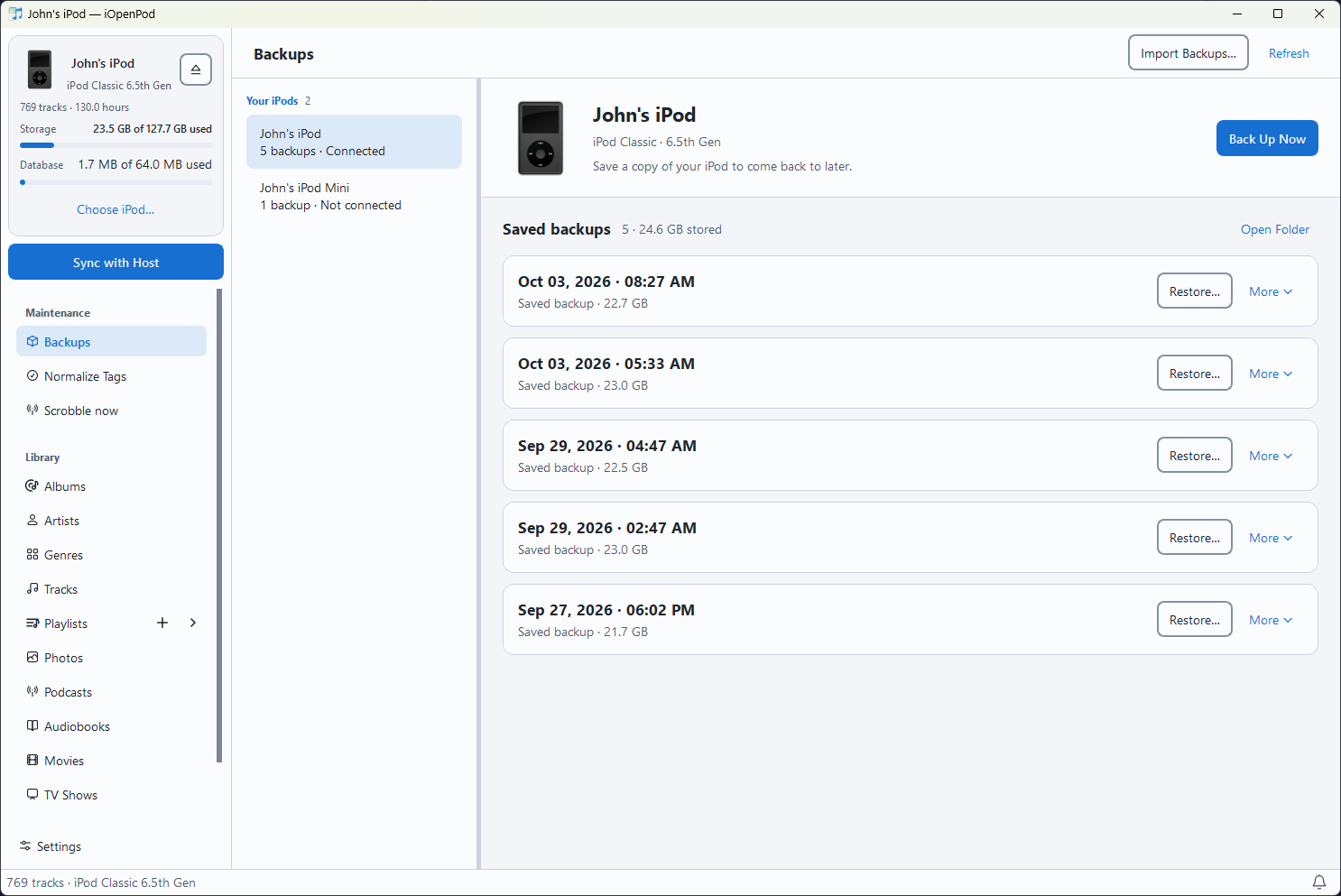 Backups page with saved Backup Snapshots and restore actions for the selected iPod