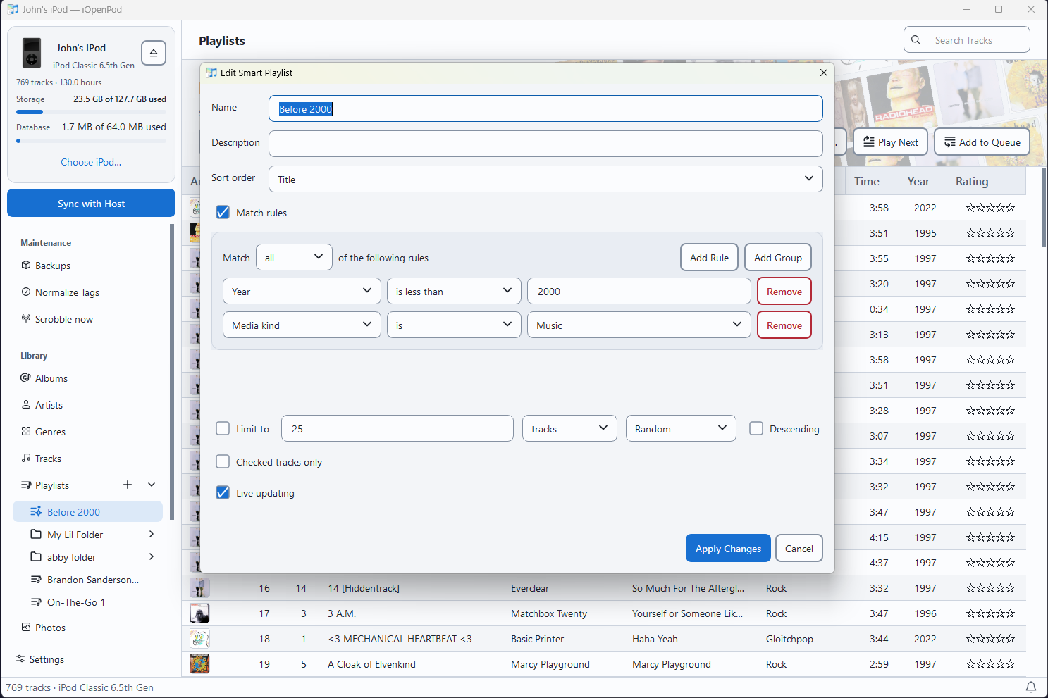 Smart Playlist editor with rules for music released before 2000