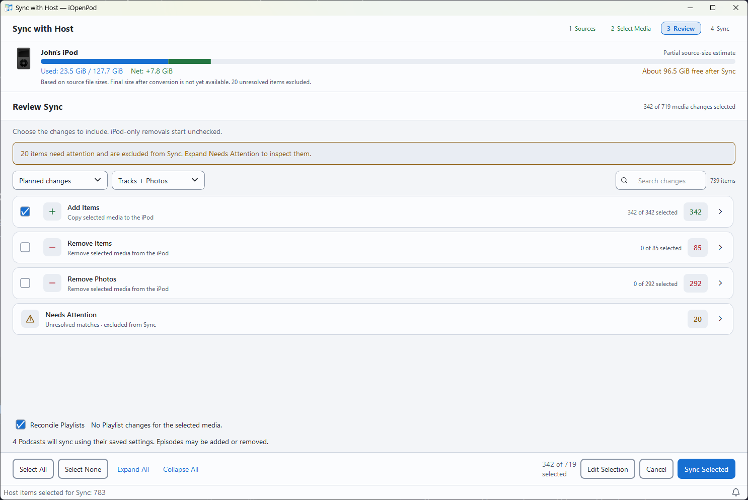iOpenPod Sync Review showing additions, unchecked removals, and items needing attention